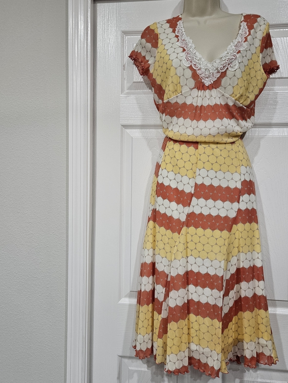Vintage-Inspired Yellow & Rust Geometric Midi Dress with Lace Trim